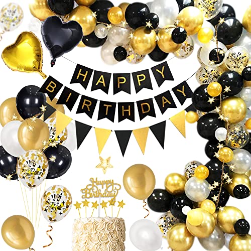 Anniversaire Décorations Ballon Noir Or, Joyeux Anniversaire Ballons Noir Or Balloons Or Confettis Fourniture D'anniversaire Joyeux Anniversaire avec Décorations de Guirlande pour Hommes Femmes