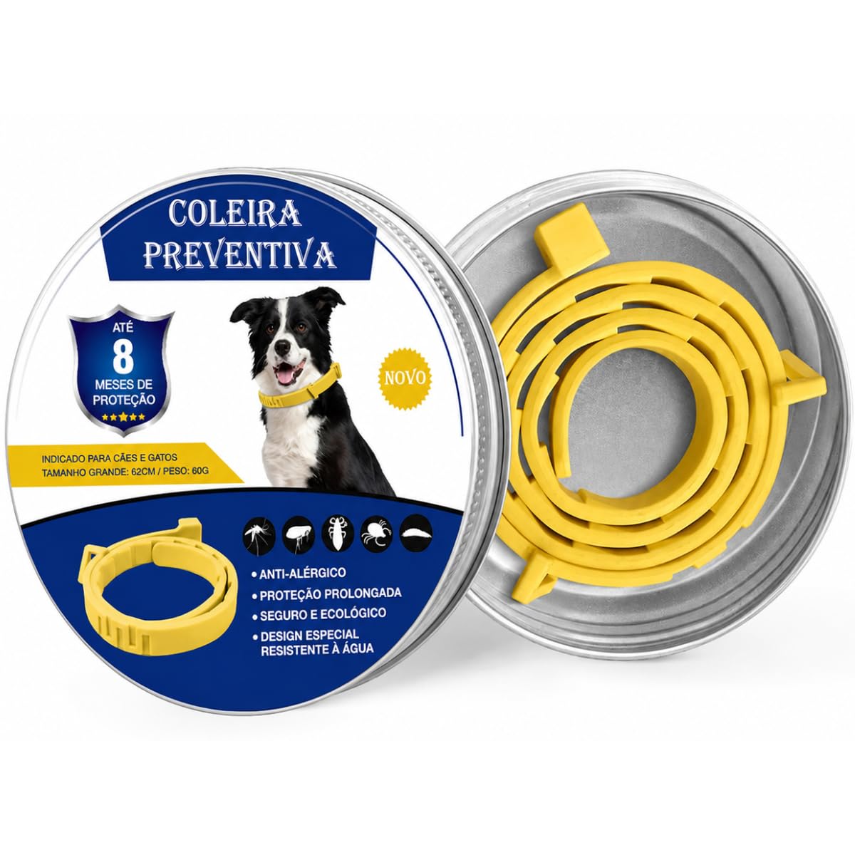 Coleira Anti Pulga Leishmaniose Carrapato Mosquito Cão Gato 62cm (Amarelo, 62cm)