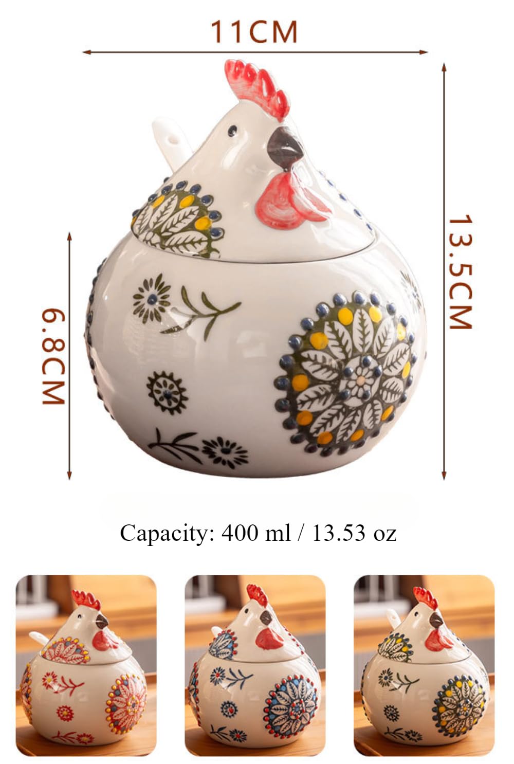 Récipient à épices en céramique avec couvercle et cuillère, pot d'assaisonnement peint à la main pour le sel, le poivre, le sucre et le rangement de la cuisine, design mignon et simple poussin
