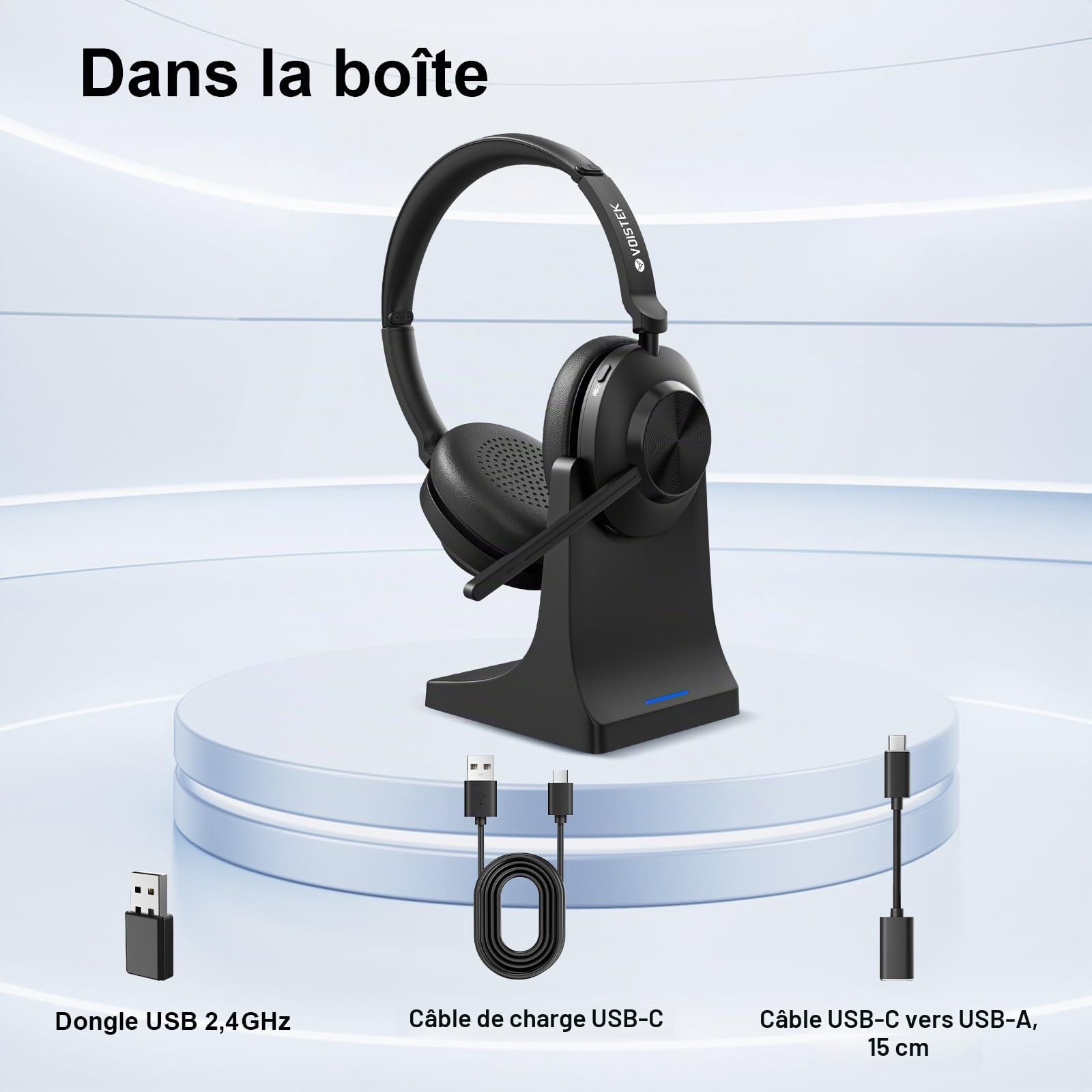 Voistek Casque Bluetooth Sans Fil avec Microphone pour PC/Ordinateur Portable, Léger on Ear, Microphone Réglable à Réduction de Bruit, Casque Audio Sans Fil pour Bureau, Télétravail, Chat, Zoom, Teams