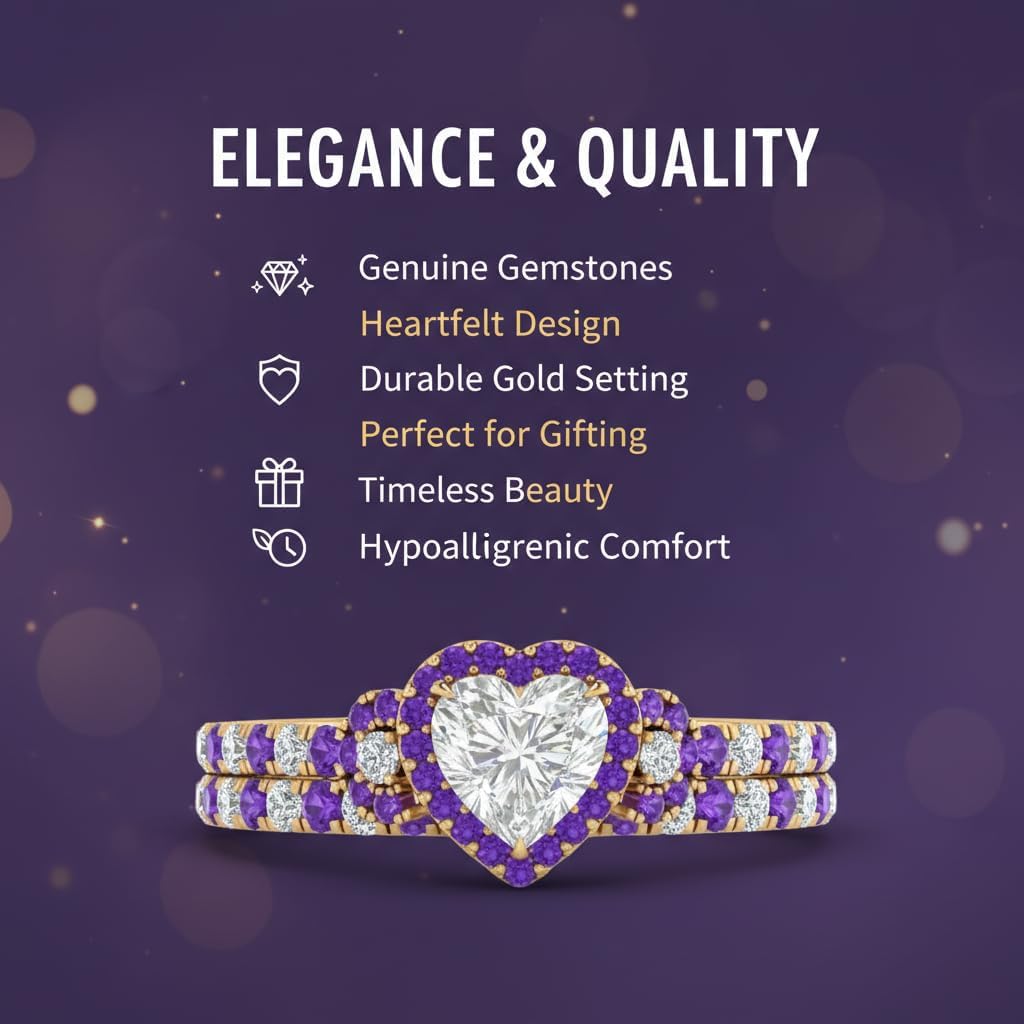 Choose Your Gemstone Delicate Halo Ring with Matching Band Yellow Gold Plated Heart Shape Wedding Ring Sets Everyday Jewelry Wedding Jewelry Handmade Gifts for Wife US Size 4 to 12