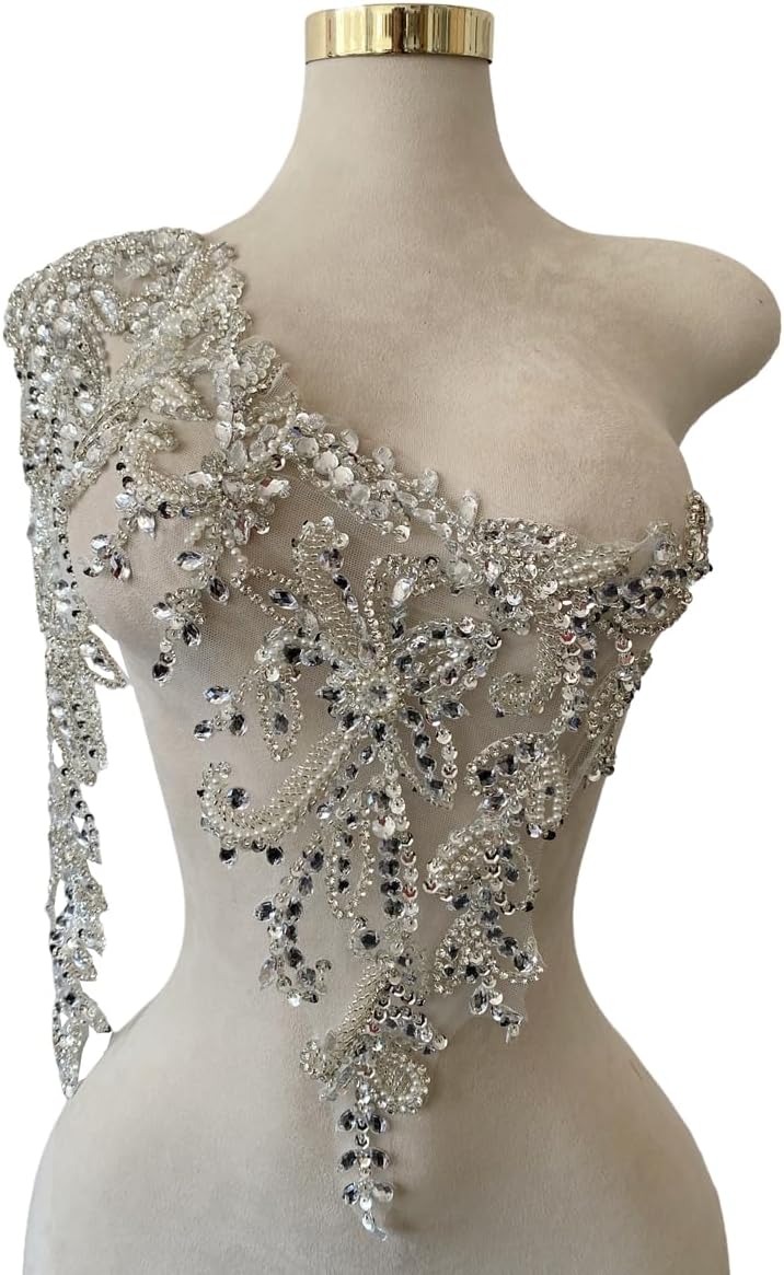 Single Right Sleeve Dress Accessories Luxury Decorative Appliqué Pure Hand Sewn Beads Rhinestones Trim Patches (Silver)