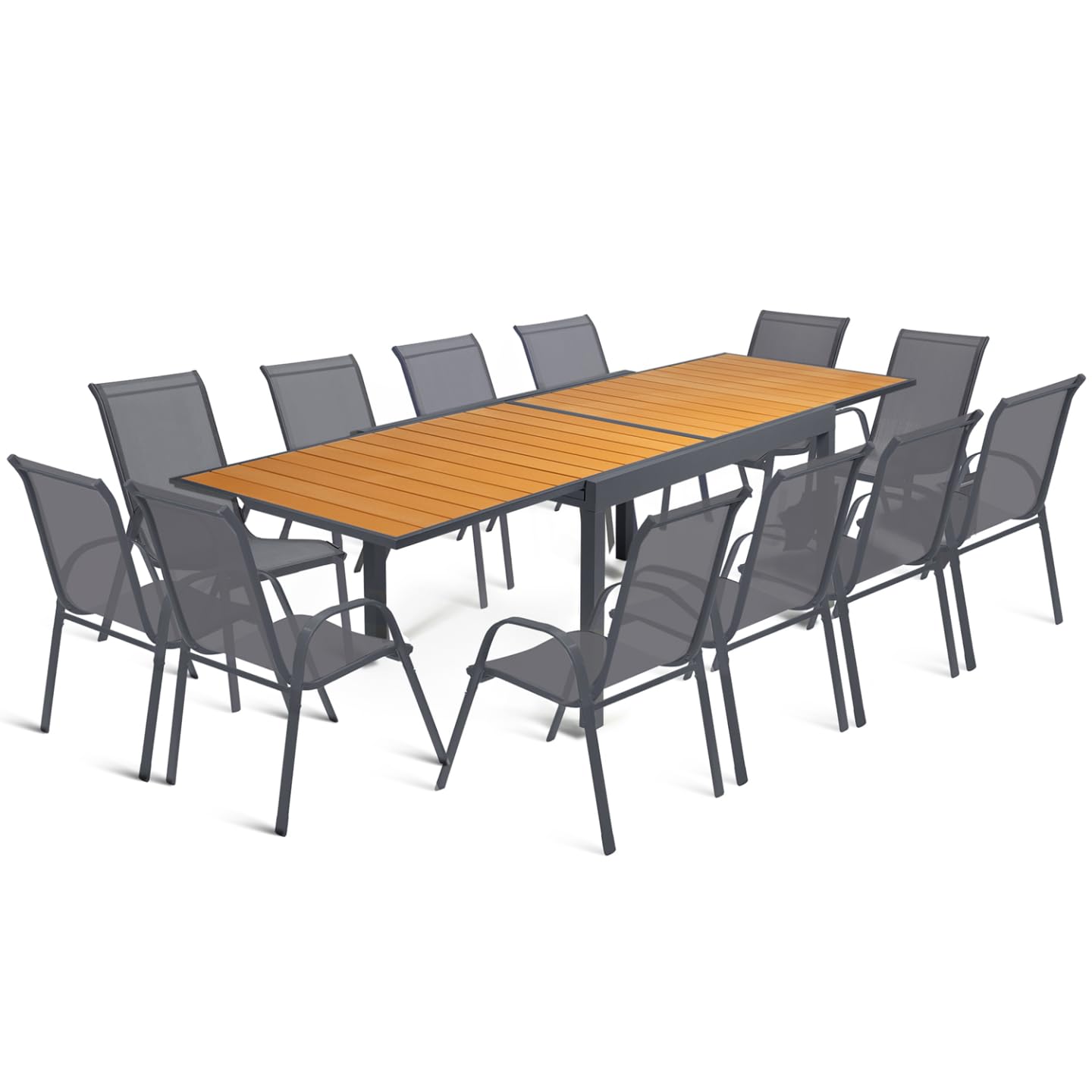 IDMarket - Salon de Jardin Poly Table Extensible 135-​270 CM et 12 chaises Bois et Gris foncé