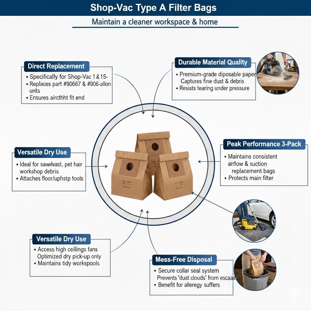 Replacement of Shop Vac 1.5 Gallon, Vacuum Cleaner Paper Bags 3Pk #906-67
