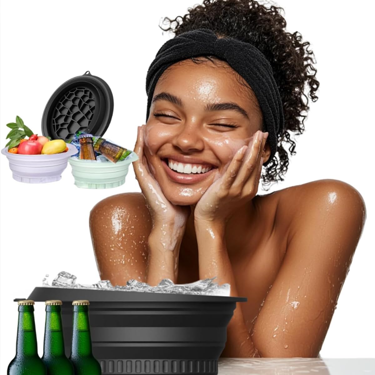 Icetray - Cuenco facial para hielo de enfriamiento rápido, plegable, herramienta de belleza cosmética, portátil, para calmar la piel, reducir la hinchazón, uso doméstico (negro)