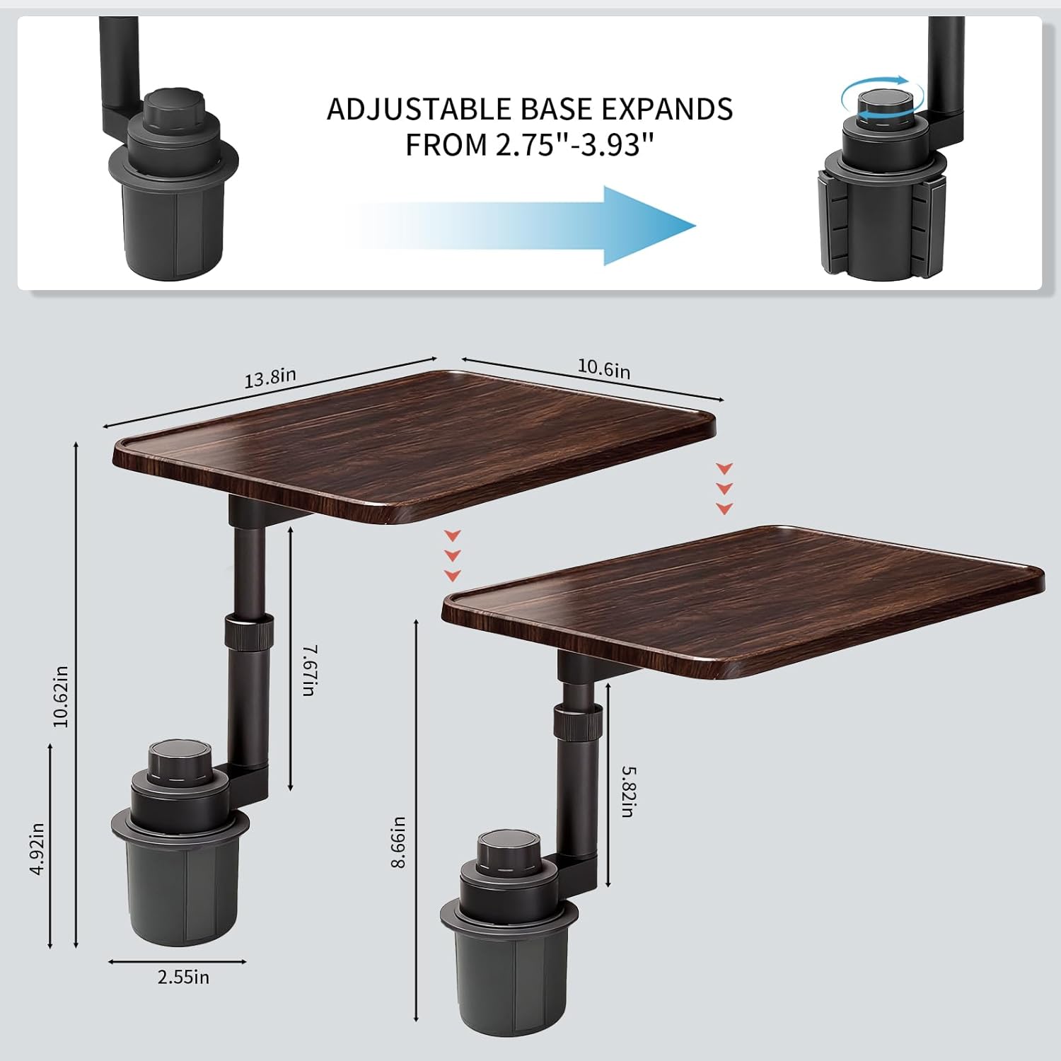 Car Desk for Laptop & Tablet, 360° Swivel Base, Cup Holder Mounted Wood Composite Tray, Tool-Free Setup, Heat Resistant, Fits 2.75–3.93 Inch Cup Holders, Compatible Tesla Y/3/S & Ford F150