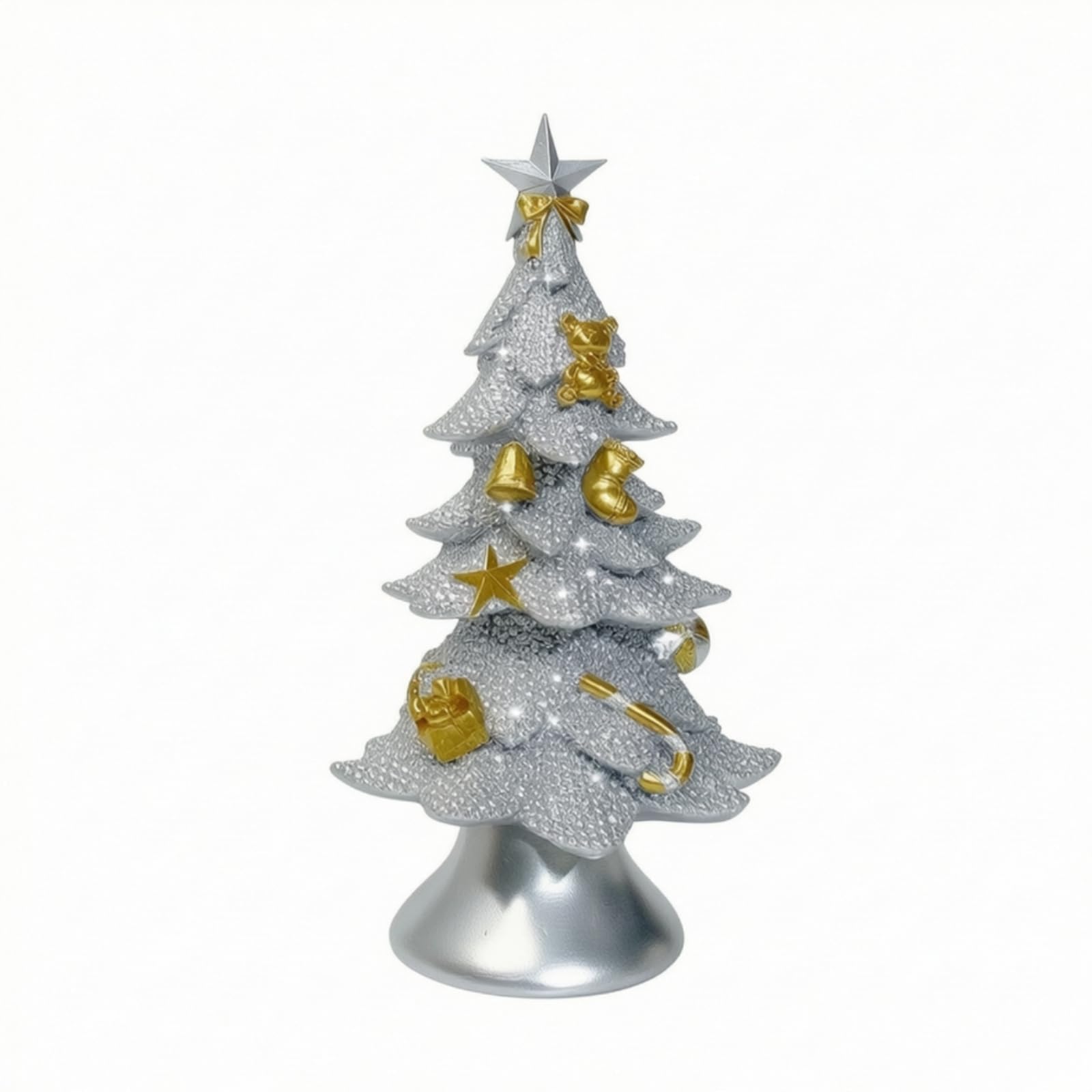 MERIGLARE Sapin de Noël en Résine Sapin Décoratif Figurine Ornement Statue à Poser Finition Grainée Détails Boules Socle Rond Stable Adapté au Bureau Cheminée Table de Nuit Étagère, Argenté, Argenté