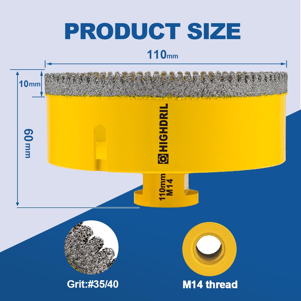 HIGHDRIL Broca de Diamante - 2pzs 110mm con Rosca M14 Taladrado en Seco para Azulejos de Porcelana CeráMica Granito MáRmol Piedra MamposteríA Ladrillo Para Amoladoras Angulares(Forma Dentada)