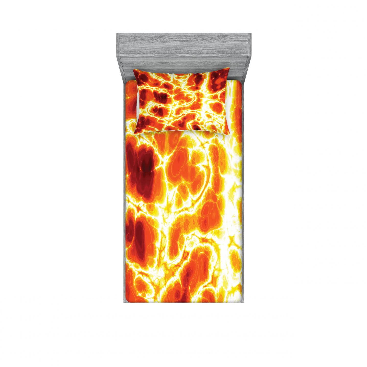 Ambesonne Warm Colors 2 Pack Fitted Sheet & Pillow Sham Set, Lava Print Magma Volcan, 4 Pcs Bedding Decor, Package Contains 2 Twin Size Fitted Sheets & 2 Pillow Covers, Orange Yellow