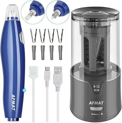 AFMAT Sacapuntas eléctrico y kit de borrador recargable, parada automática y afilado rápido, 140 repuestos de borrador, bueno para dibujar, dibujar,