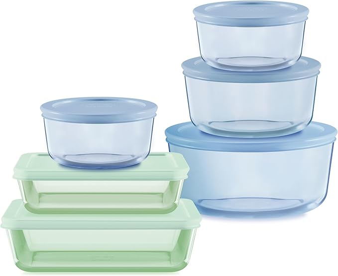 Pyrex Colors (6-Pack, Full Set) Tinted Glass Food Storage Container Set, Snug Fit Non-Toxic Plastic BPA-Free Lids, Freezer Dishwasher Microwave Safe, 3 Cup, 6 Cup & 11