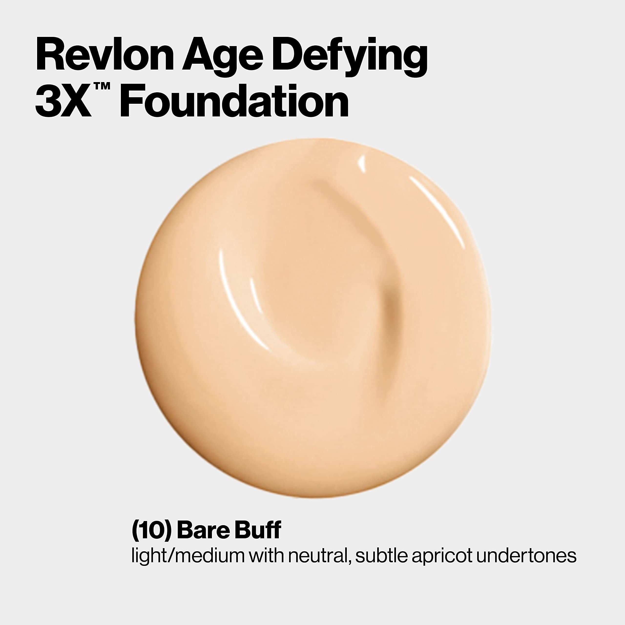 REVLON Liquid Foundation, Age Defying 3XFace Makeup, Anti-Aging and Firming Formula, SPF 30, Longwear Medium Buildable Coverage with Natural Finish, 010 Bare Buff, 1 Fl Oz