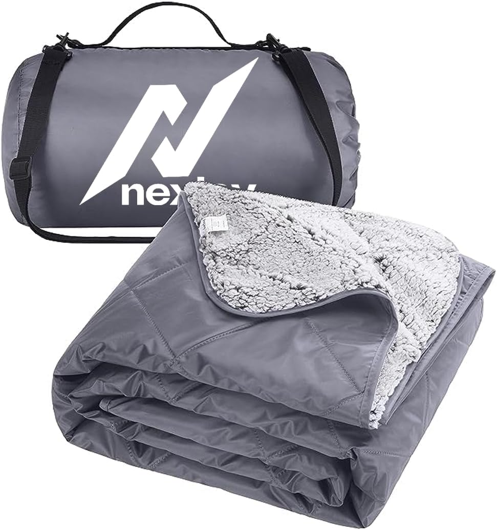 Nexlev Sherpa Waterproof Camping Blanket - Extra Thick and Warm Large Sherpa Fleece Outdoor Blanket for Camping Picnics Beaches Stadiums Pets - Washable and Windproof for Cold Weather TR-05 (Grey)