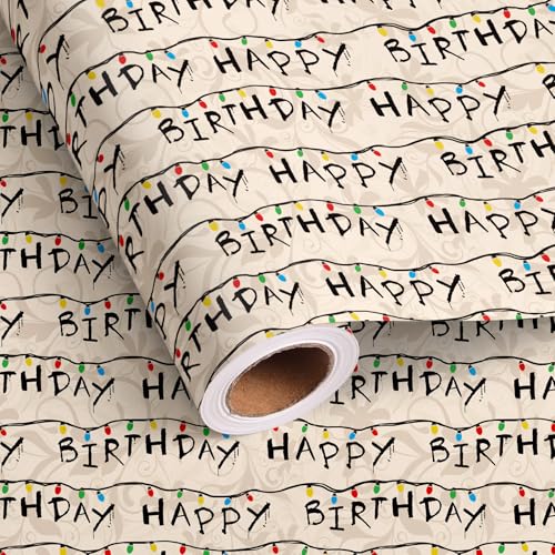 lopmou Birthday Wrapping Paper Roll for Men Women Kids - Vintage Neon Light with Happy Birthday Text Design Gift Wrap for Holiday Stranger Themed Pary Supplies DIY Craft (Total 28.5 sq.ft)
