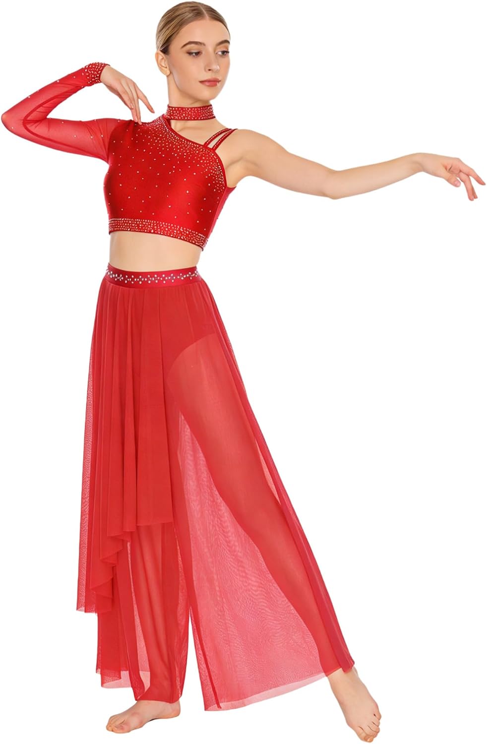 Agoky Women Lyrical Dance Outfit Modern Contemporary Dancewear Crop Tops with Wide Leg Pants Red Small