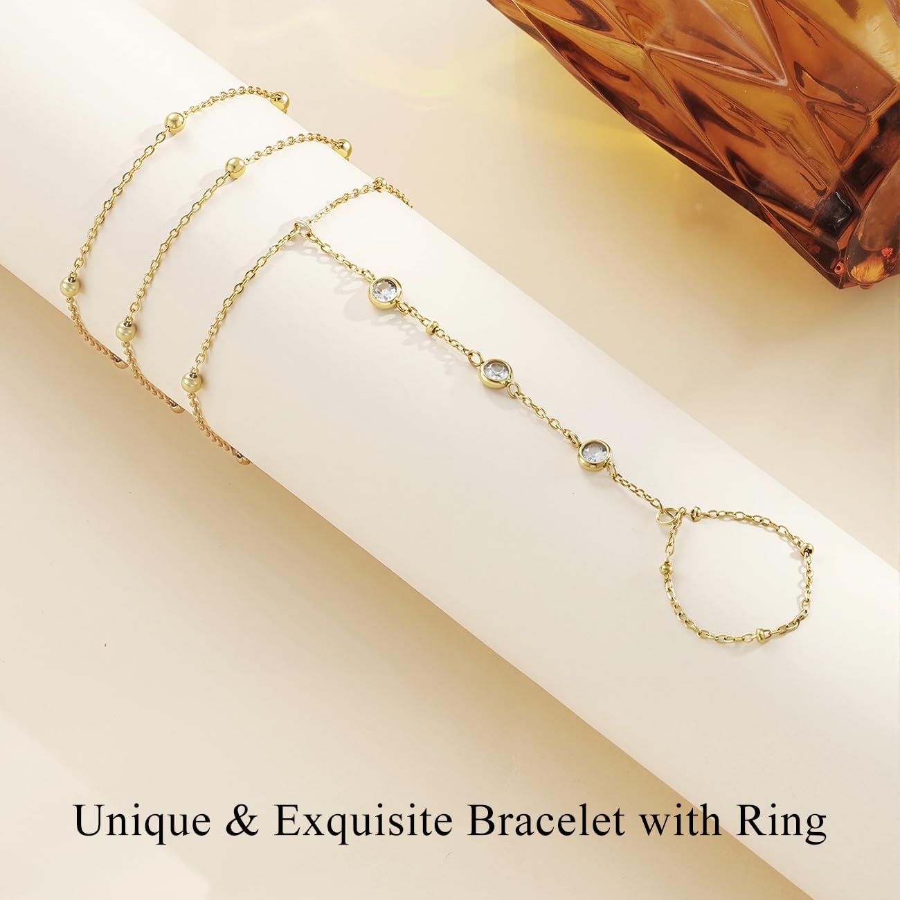 Emibele Gold Bracelets for Women, 18K Gold Plated Hand Chain, Cubic Zirconia Stainless Steel Non Tarnish Hand Chain Bracelet with Finger Ring, Adjustable Trendy Jewelry Valentines Day Gifts for Women - Image 8