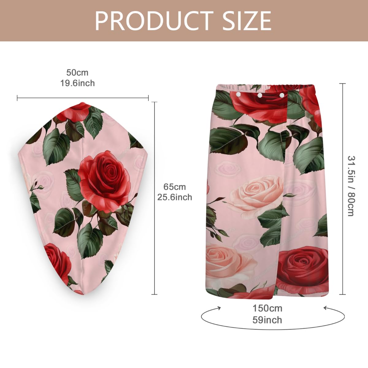 Lot de 2 serviettes de douche en microfibre pour femme avec serviette à cheveux, rose rouge, robe avec bonnet de séchage des cheveux pour plage, piscine, spa