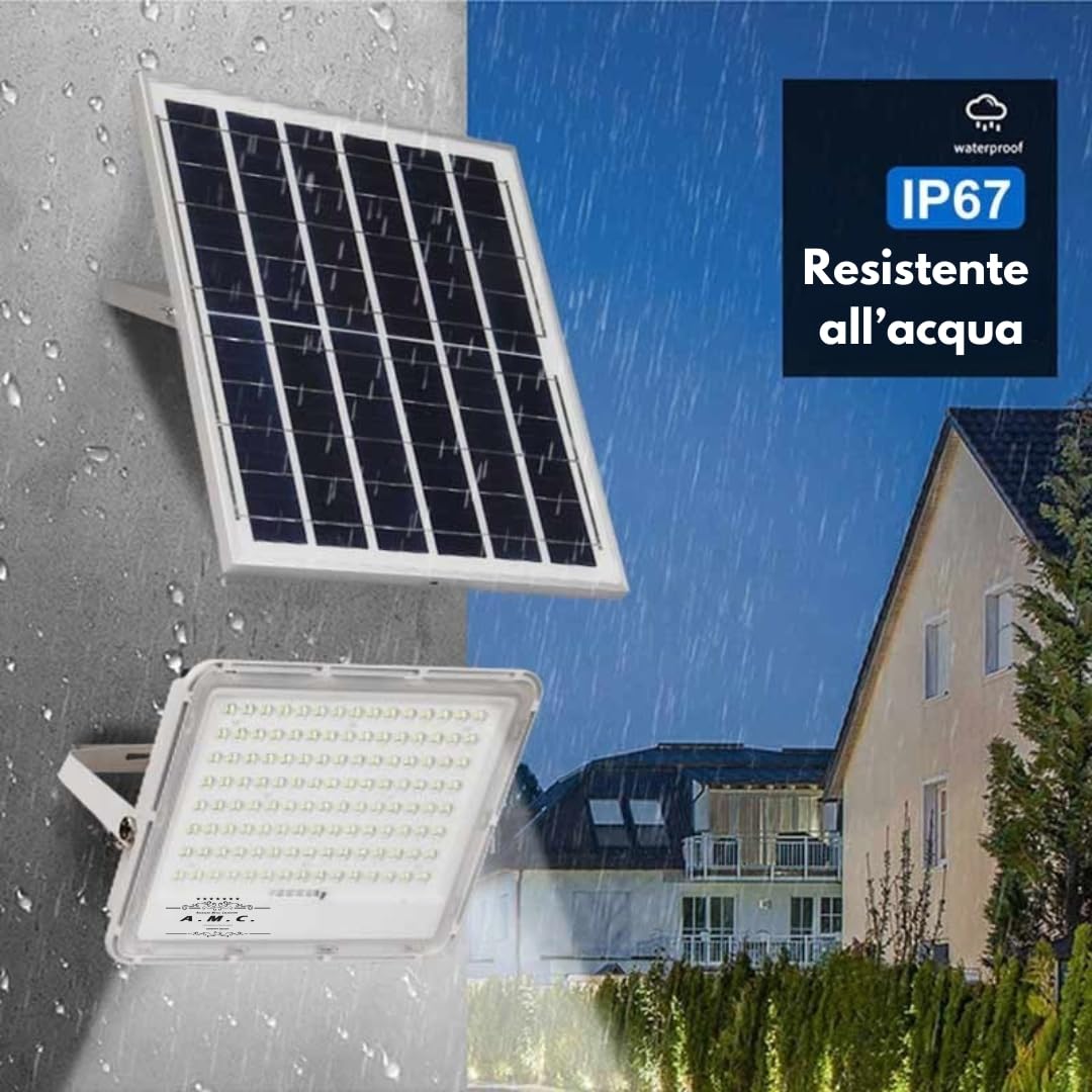 AMC Faro led esterno con pannello solare 600 Watt, luci solari, Lampade da parete per esterni, luci solari da giardino con pannello crepuscolare, angolo di illuminazione 120°, 5 m, isolamento IP67