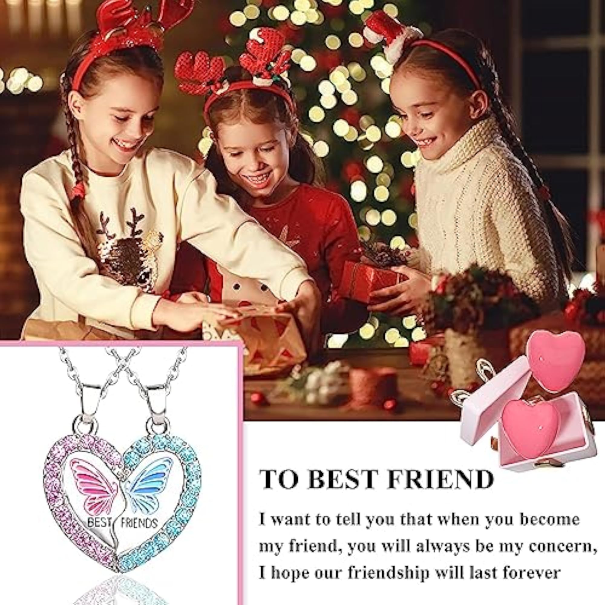2 Pcs Bff Forever Split Magnetic Pendant Necklaces- Pink & Butterfly
