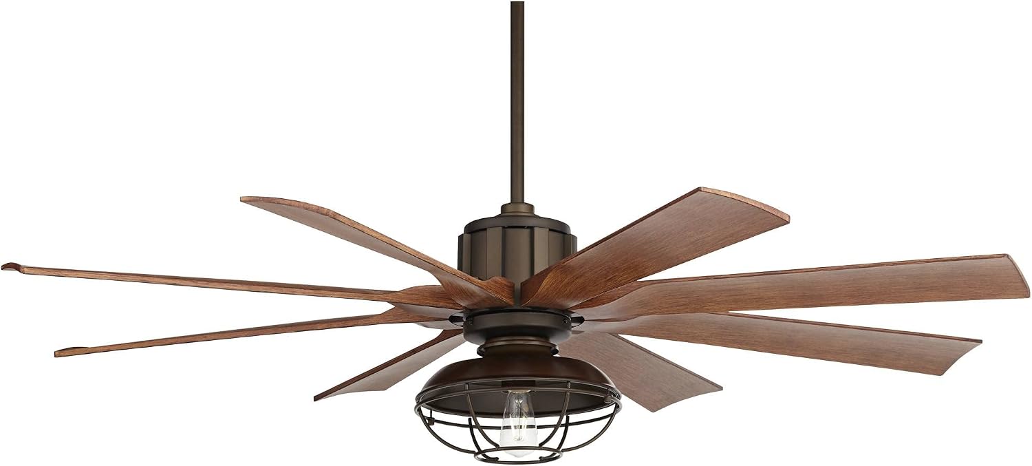 Possini Euro Design 60" Defender Industrial Rustic Farmhouse Indoor Outdoor Ceiling Fan with Dimmable LED Light Remote Control Oil Rubbed Bronze Cage Koa Damp Rated for Patio Exterior Porch Gazebo