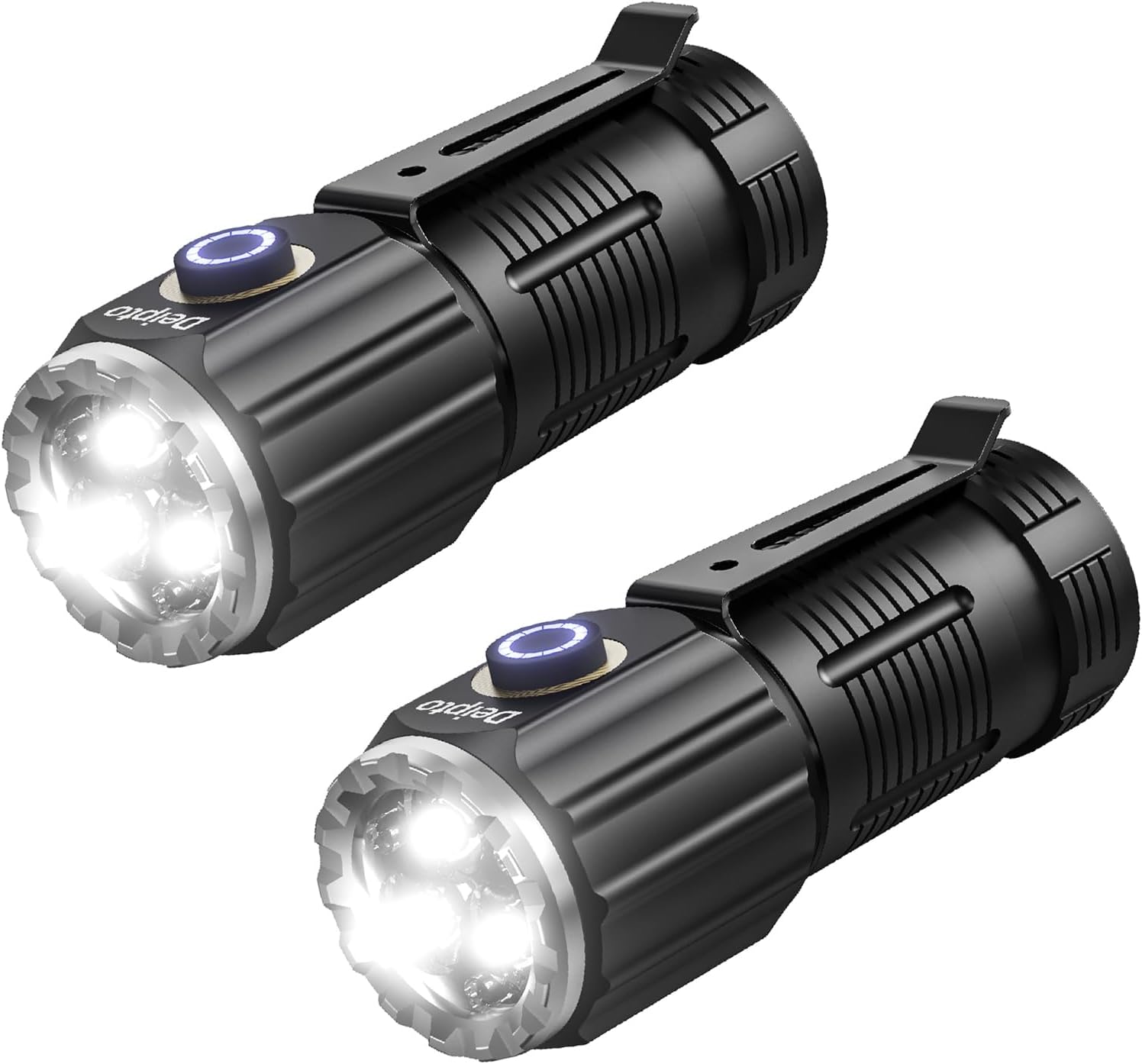 Deipto Rechargeable Tactical EDC Small Flashlight, Pocket Flashlights High Lumen with Clip, IP54 Three Eyed Monster Torch with 5 Modes for Outdoor, Camping(2 Pieces)
