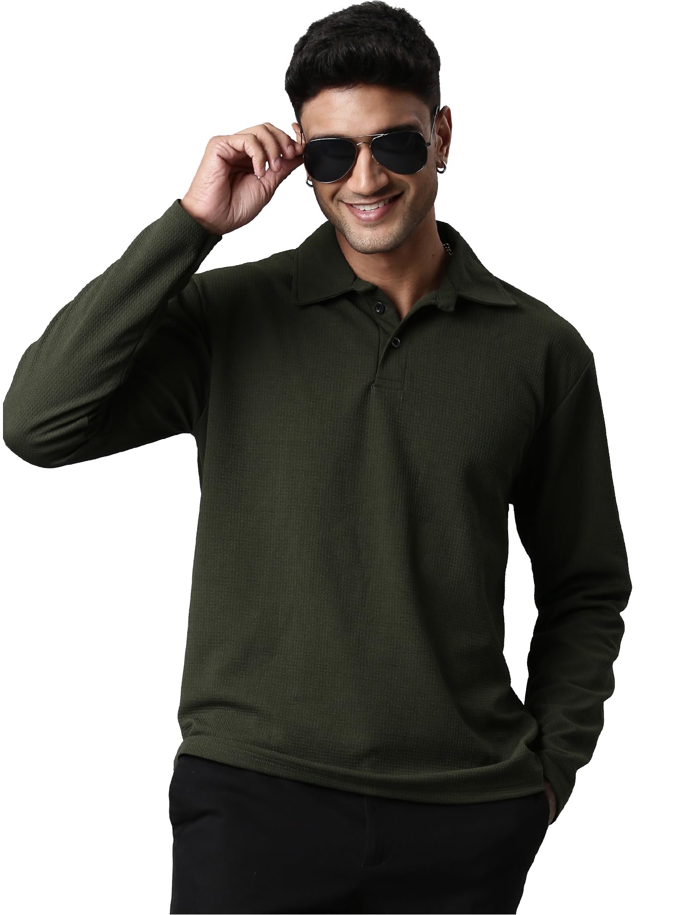 Men's Stylish Textured Full Sleeve Polo T-Shirt (Olive Green)-picture-20