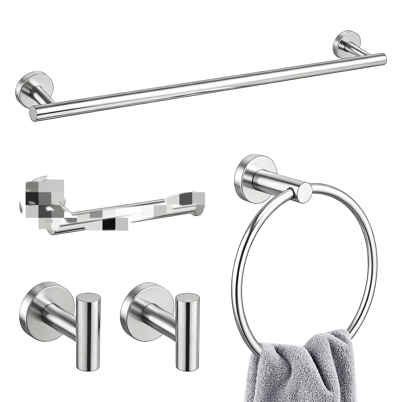 Lightista Toilet Roll Holder and Towel Rail Set, Set of 5 Brushed Nickel Bathroom Accessories Set, Wall Mounted Bathroom Hardware Set Includes Toilet Paper Holder, Towel Ring, Towel Bar and Wall Hook