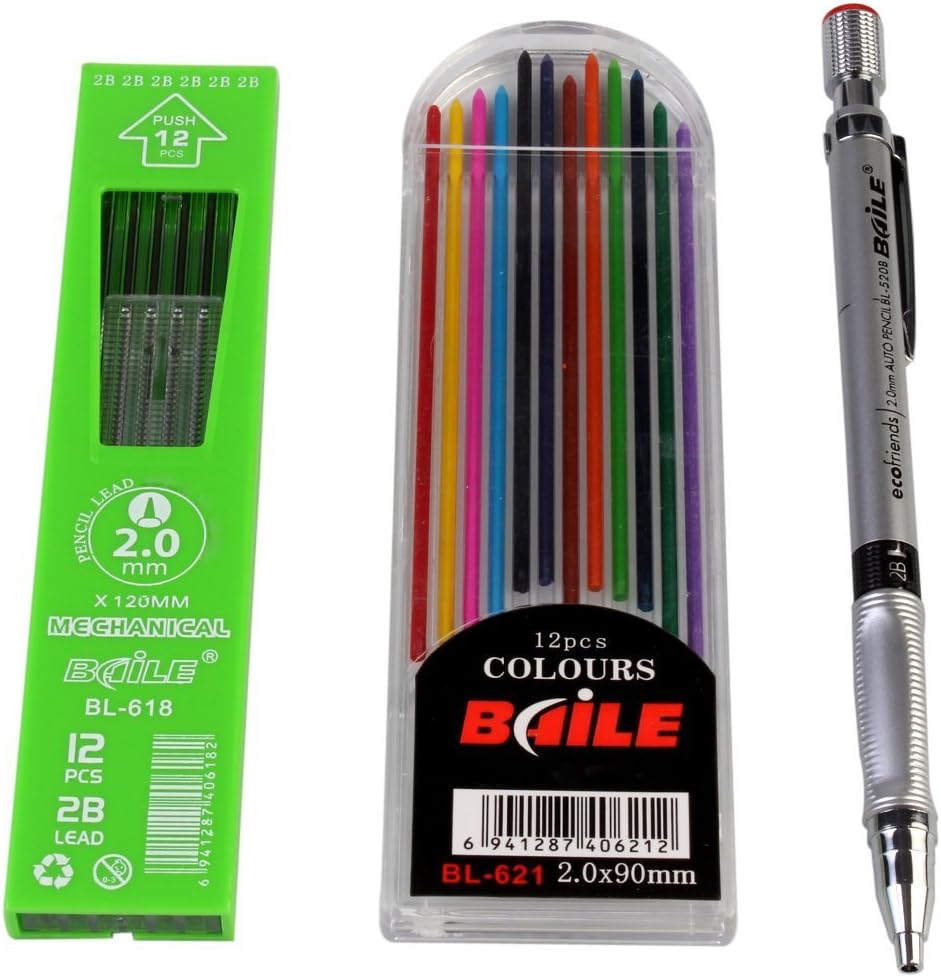 KABEER ART Set of Mechanical Lead Pencil, 12 Black Leads And 12 Color