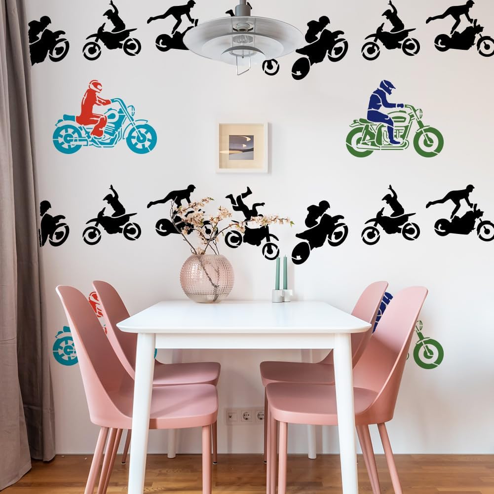 FINGERINSPIRE 2 PCS Motocross Stencil for Painting 11.8x11.8 inch Reusable Motocross Racer Stencil Cool Splicing Motorcycle Stencil Plastic Craft Stencil for Painting on Wall Wood DIY Home Decor
