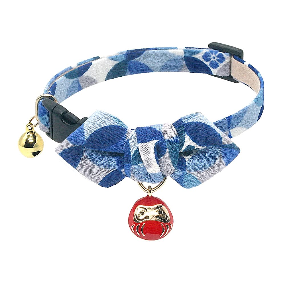 PetSoKoo Diamond Shaped Bowtie Cat Collar with Bell.Japan Lucky Daruma Charm and Cloisonne Print Crepe Fabric.Safety Breakaway.Soft,Lightweight,(