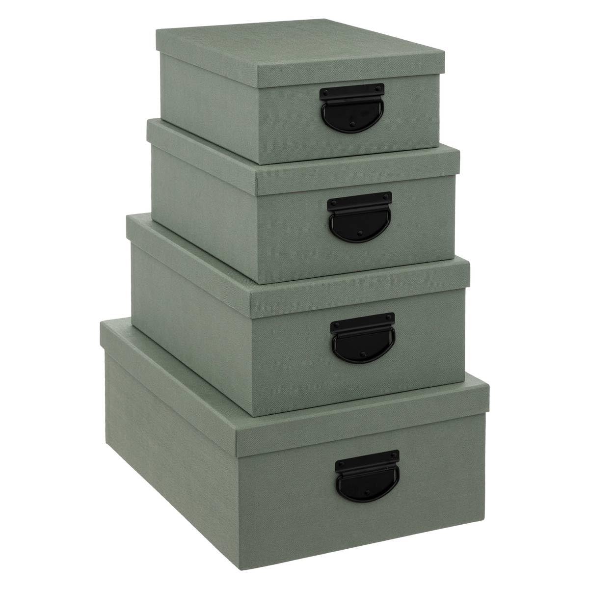 Boites de rangement vert aspect jute pour harmoniser le dressing et les étagères du salon