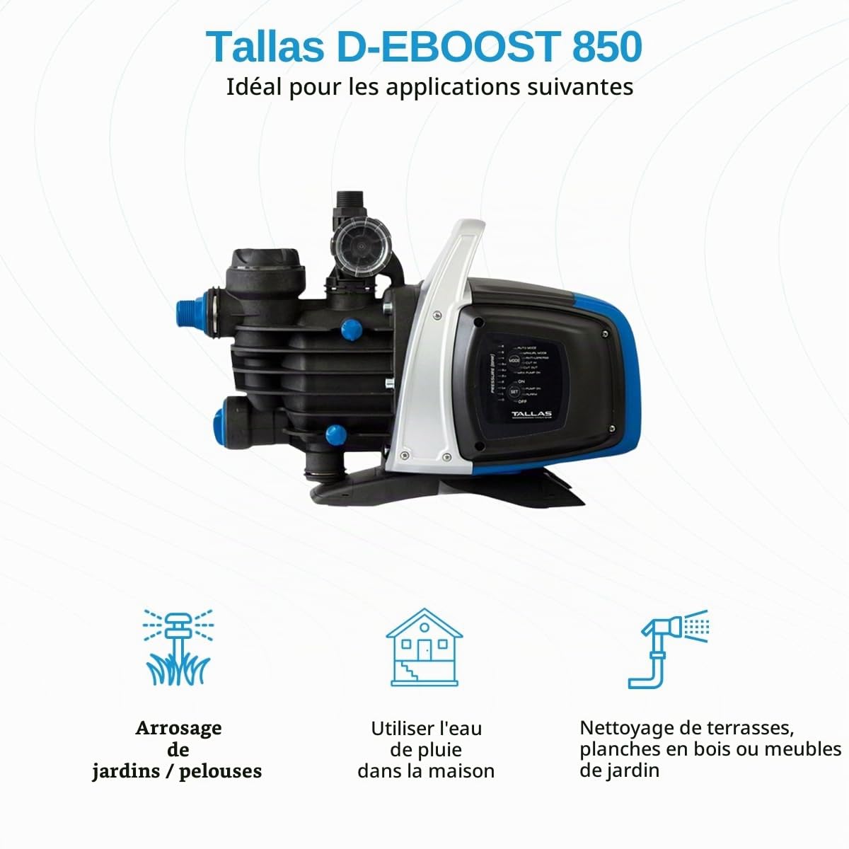 Tallas pompe d'arrosage automatique haut de gamme D-EBOOST 850/45 850W, 3,2m3/h, 8m d'aspiration max Bleu