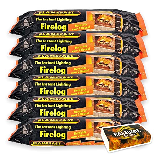 Flamefast Smokeless Instant Lighting Firelog Open Garden Chimineas 2hrs Burn Enviromentally Frienly Fire Individually Wrapped Case of 6 Logs & KasaBona Safety Matches
