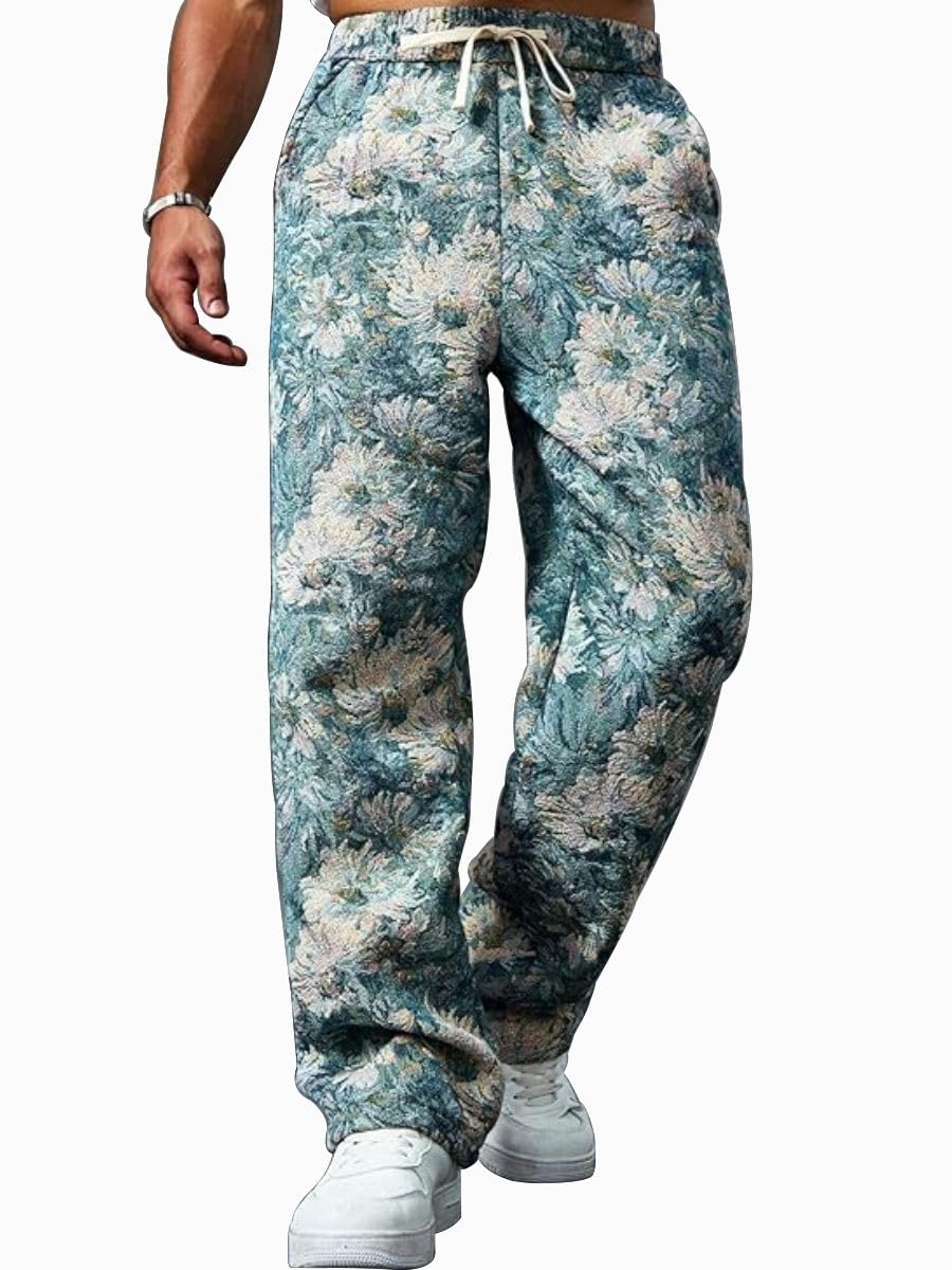 Mens Floral Print Pocket Drawstring Waist Pants Loose Casual Comfy Straight Leg Trousers for Summer Daily Wear US