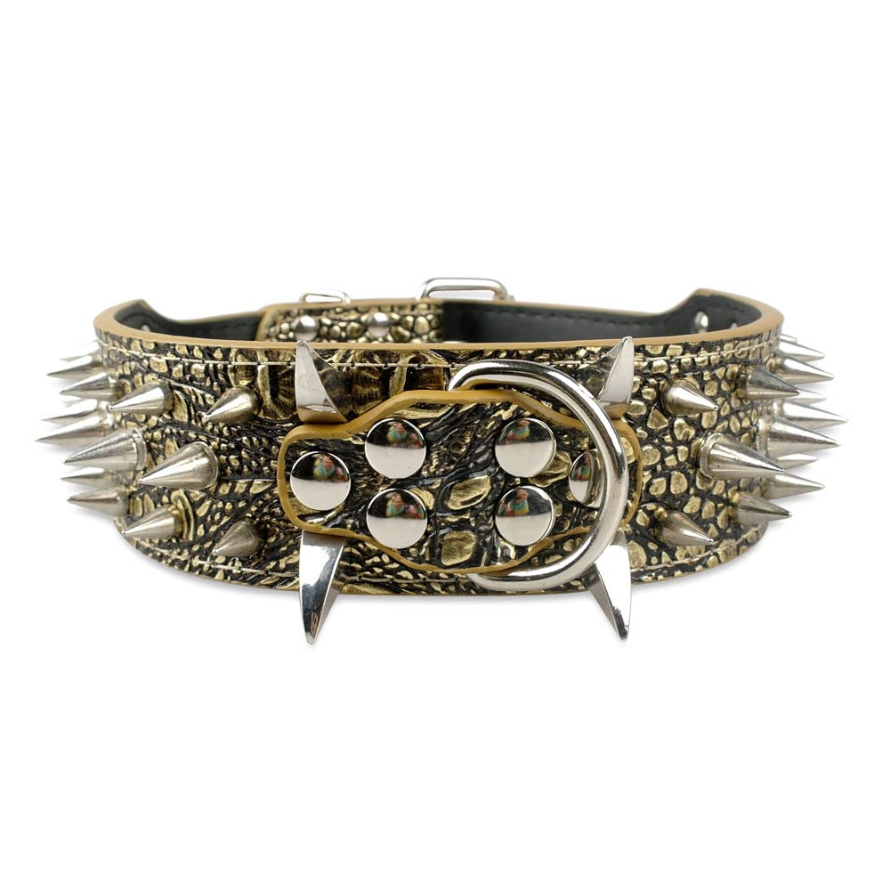 Sharp Spiked Studded Dog Collar 2 Inch Width Stylish Leather Dog Collars for Medium & Large Dogs Pitbull Labrador Boxer Rottweiler German Shepherd (S:15-18 inch, Gold Brown)