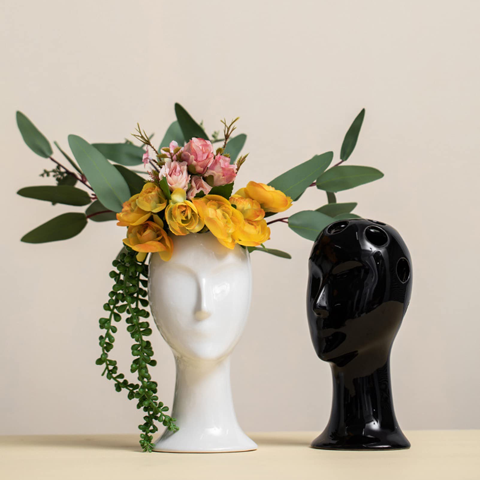 Keramik Vase Weiß Schwarz 2er Set,Modern Kreative Design Vase Gesicht,Kleine Blumenvase Moderne Tischvase,Ideal Zur Lagerung von Blumen&getrocknete Blumenvasen Deko Wohnzimmer,Schlafzimmer