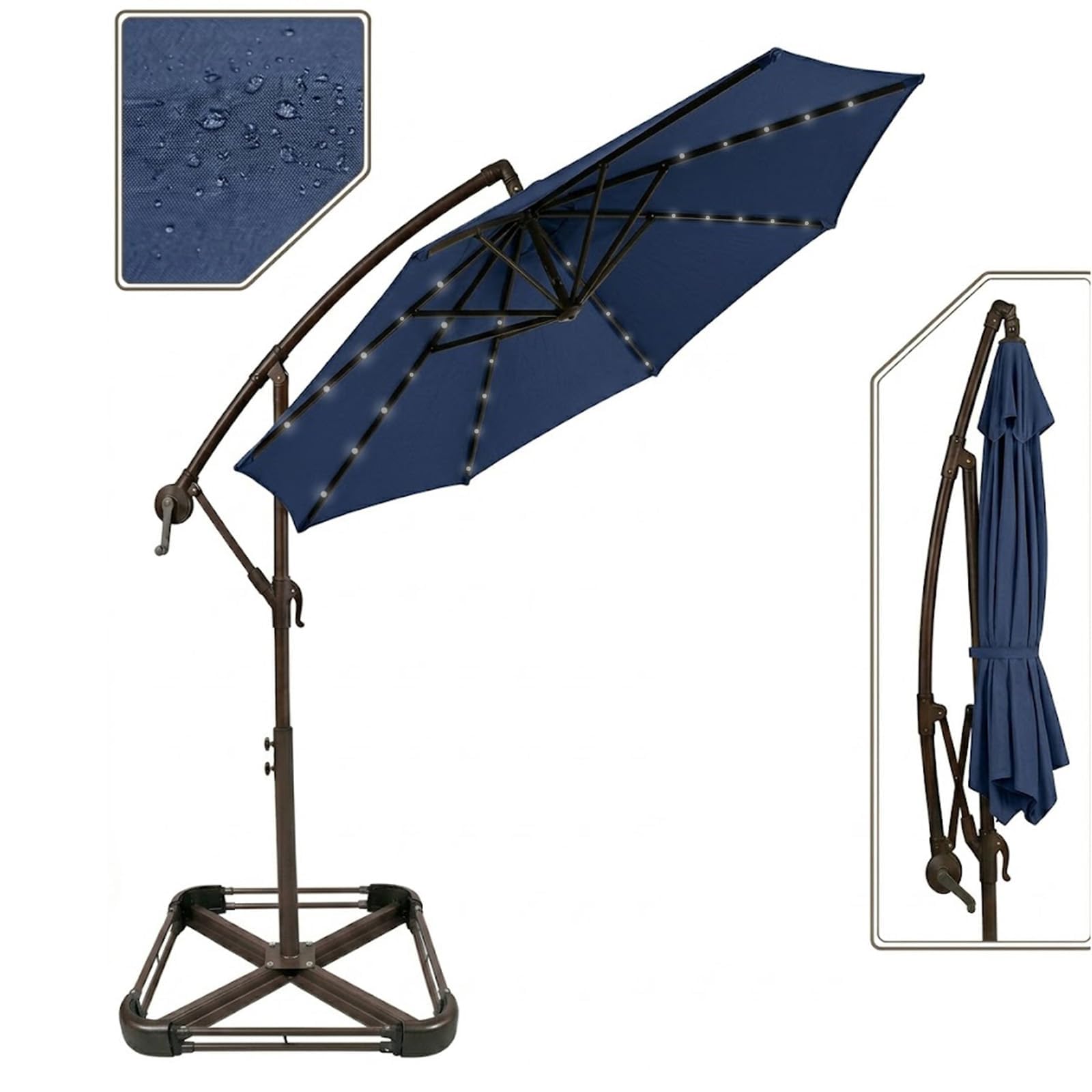 Mobeneno 3M Solar LED Garden Parasol with Base, Cantilever Patio Umbrella