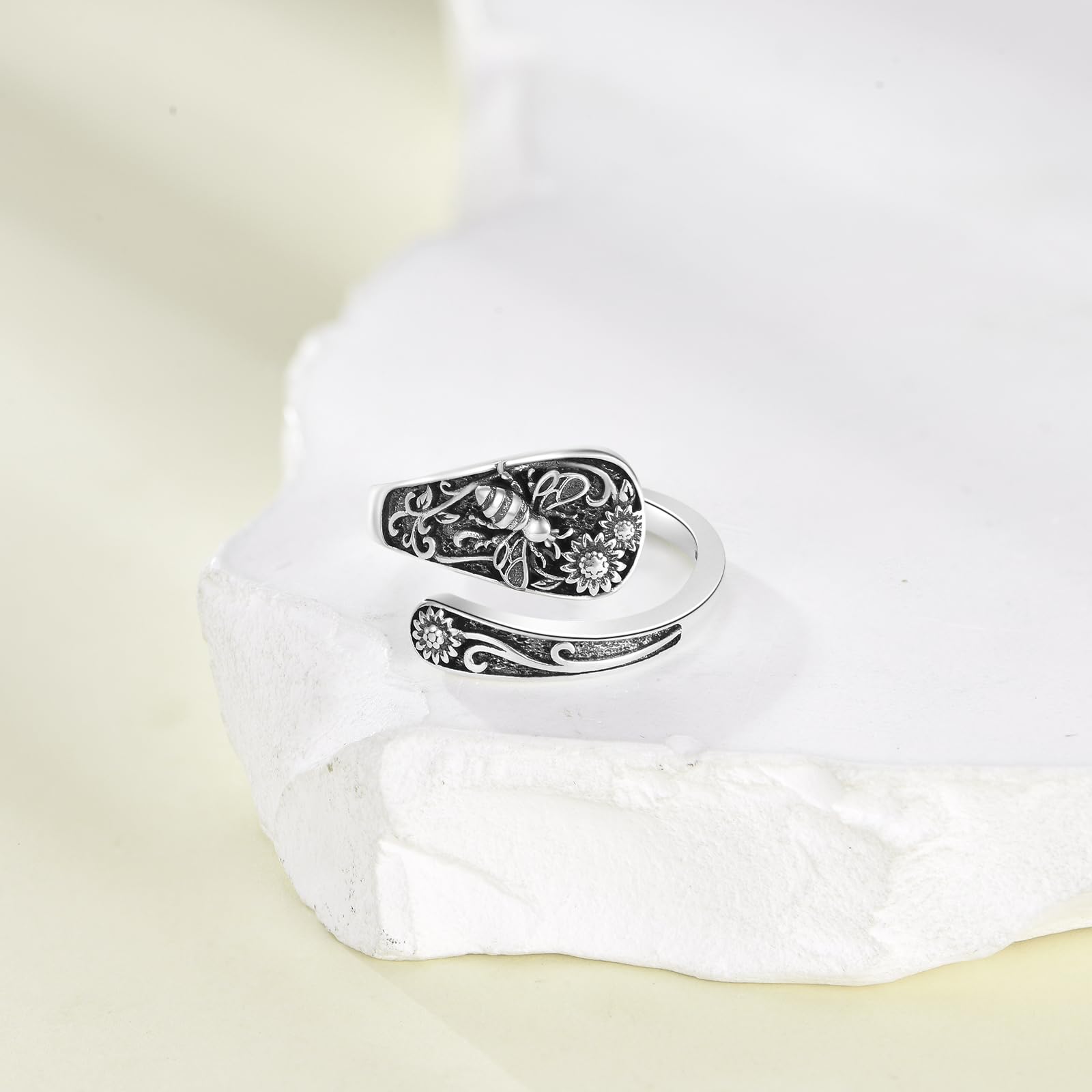 Bague abeille en argent sterling 925 Cuillère tournesol réglable Vintage Bagues Bijoux pour femme mère