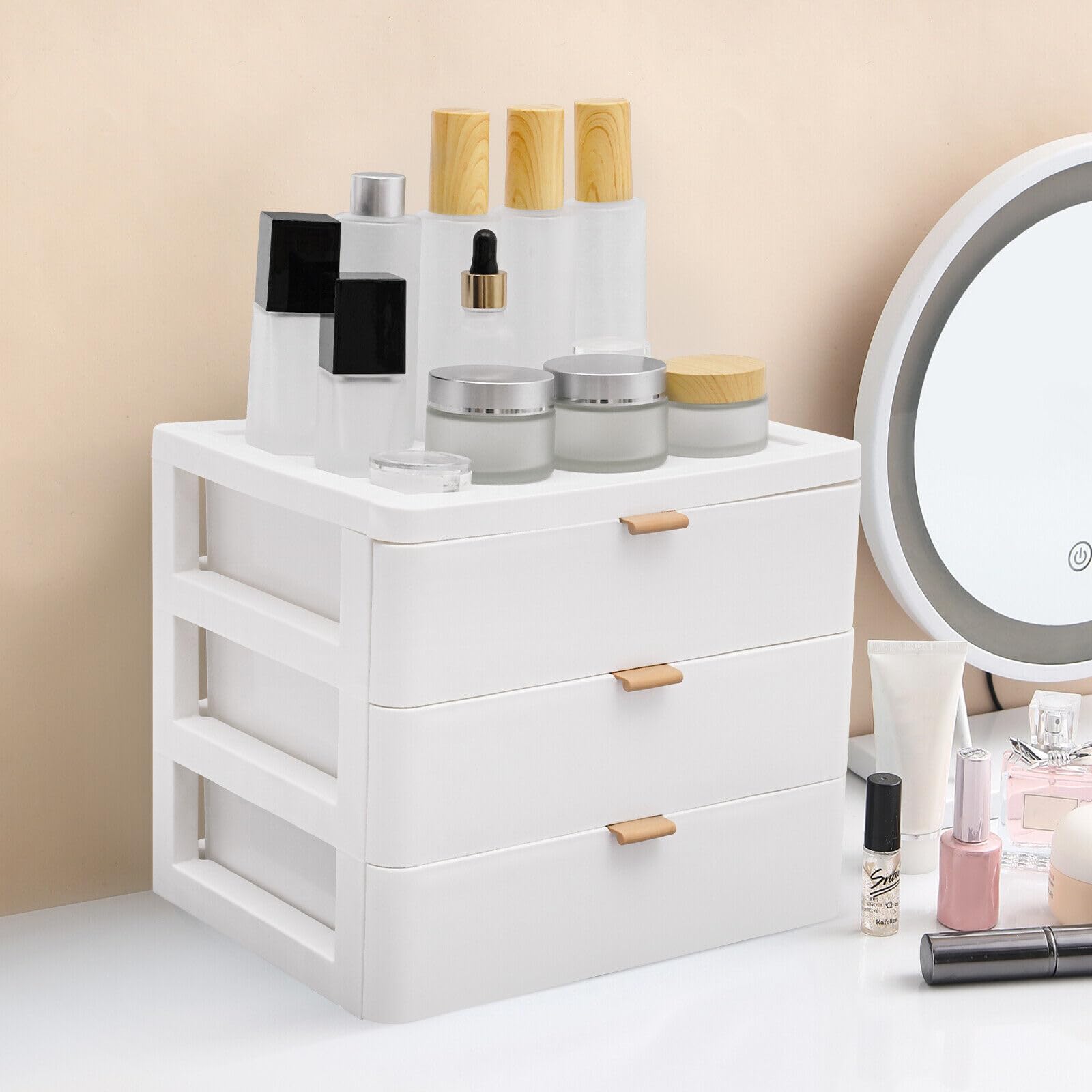 JINPRDAMZ Cassettiera da scrivania con cassetto, organizer da scrivania a 3 strati, organizer in plastica per casa, bagno, organizzatore cosmetico, bianco