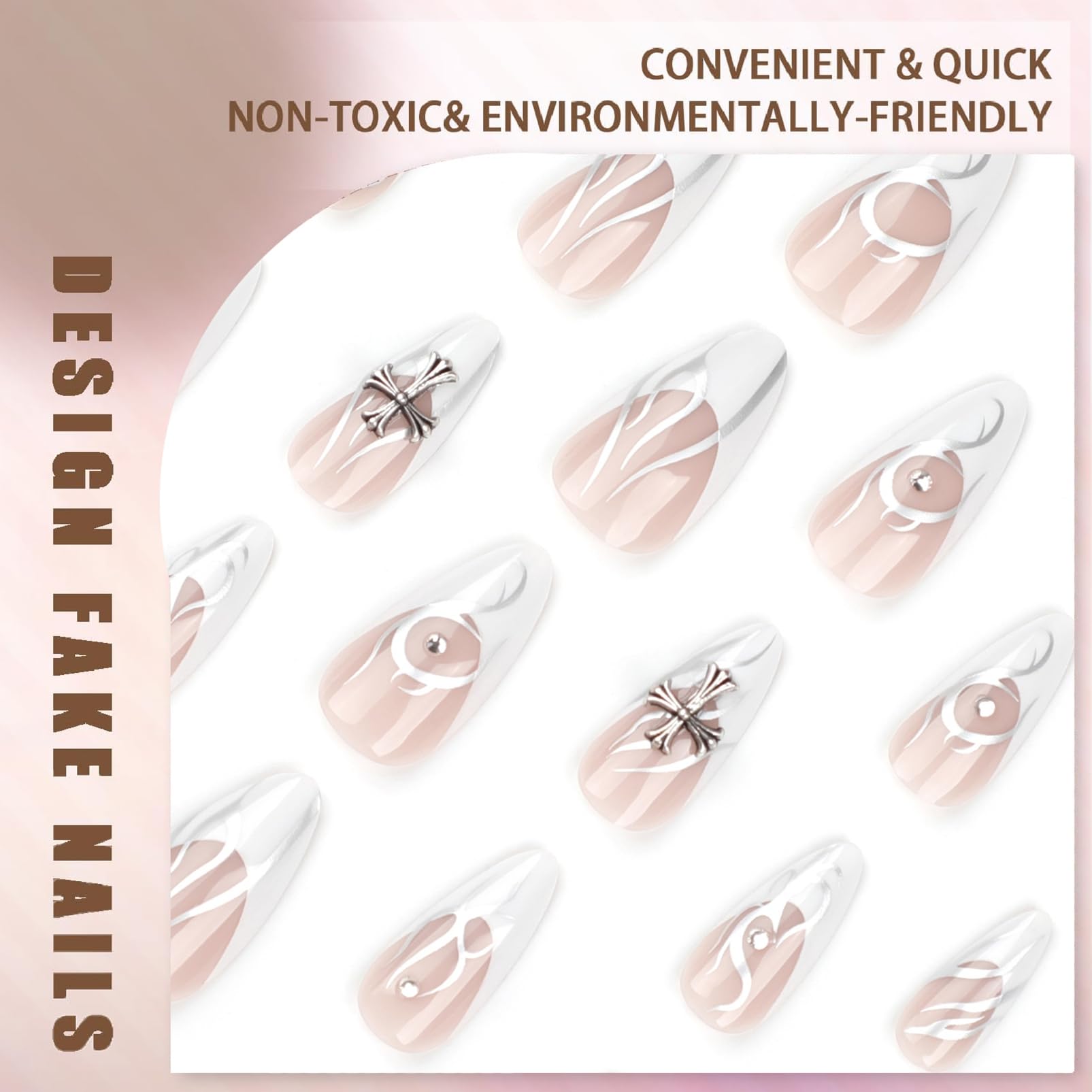 24Pcs Elegant Almond Press on Nails with White Base, Black and Silver Swirl Designs - Image 4