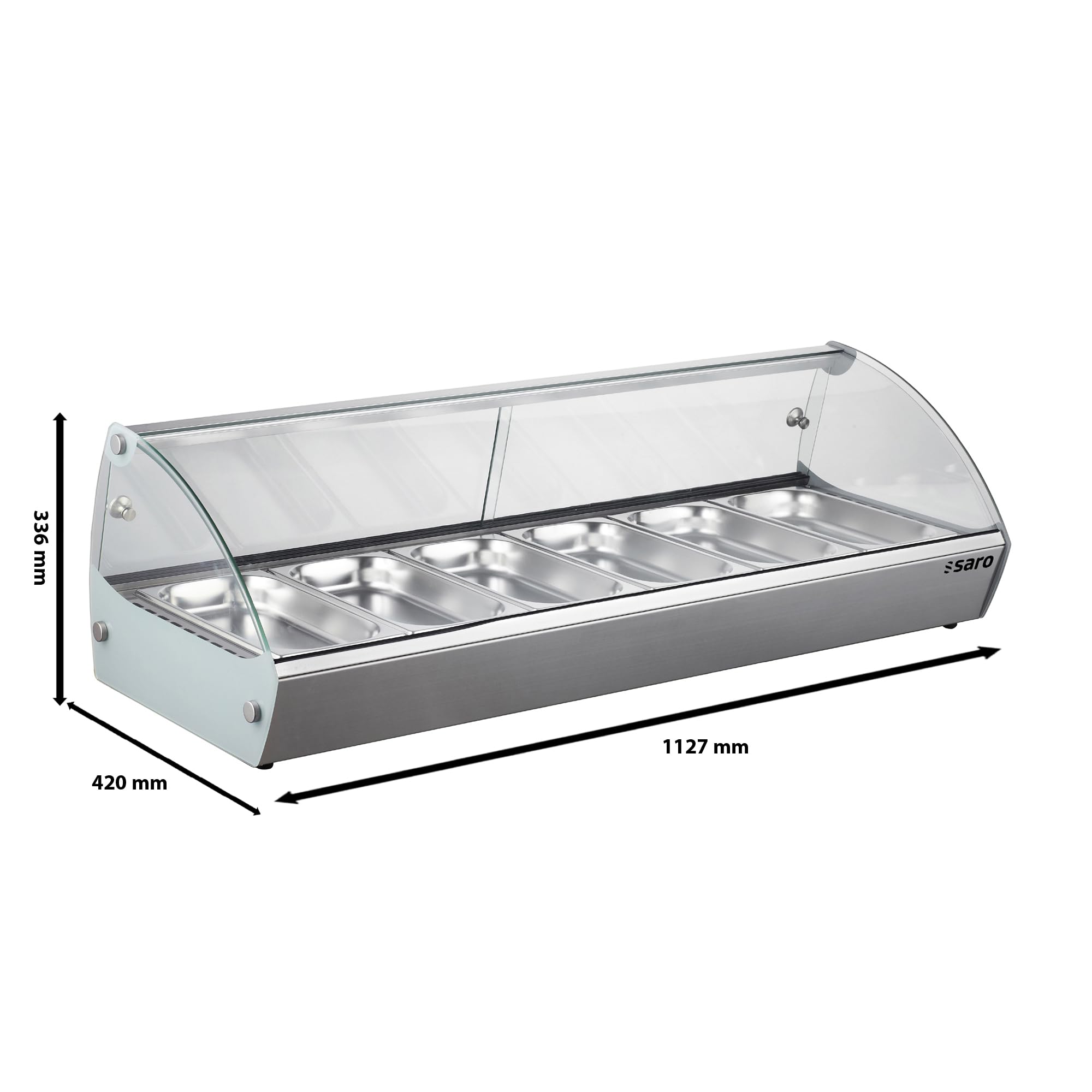 SARO MARIE 6 Vitrina caliente, 68 l, incluye 6 GN 1/3 de 40 mm, acero inoxidable y cristal, temperatura +30 a +90 °C, 0,8 kW