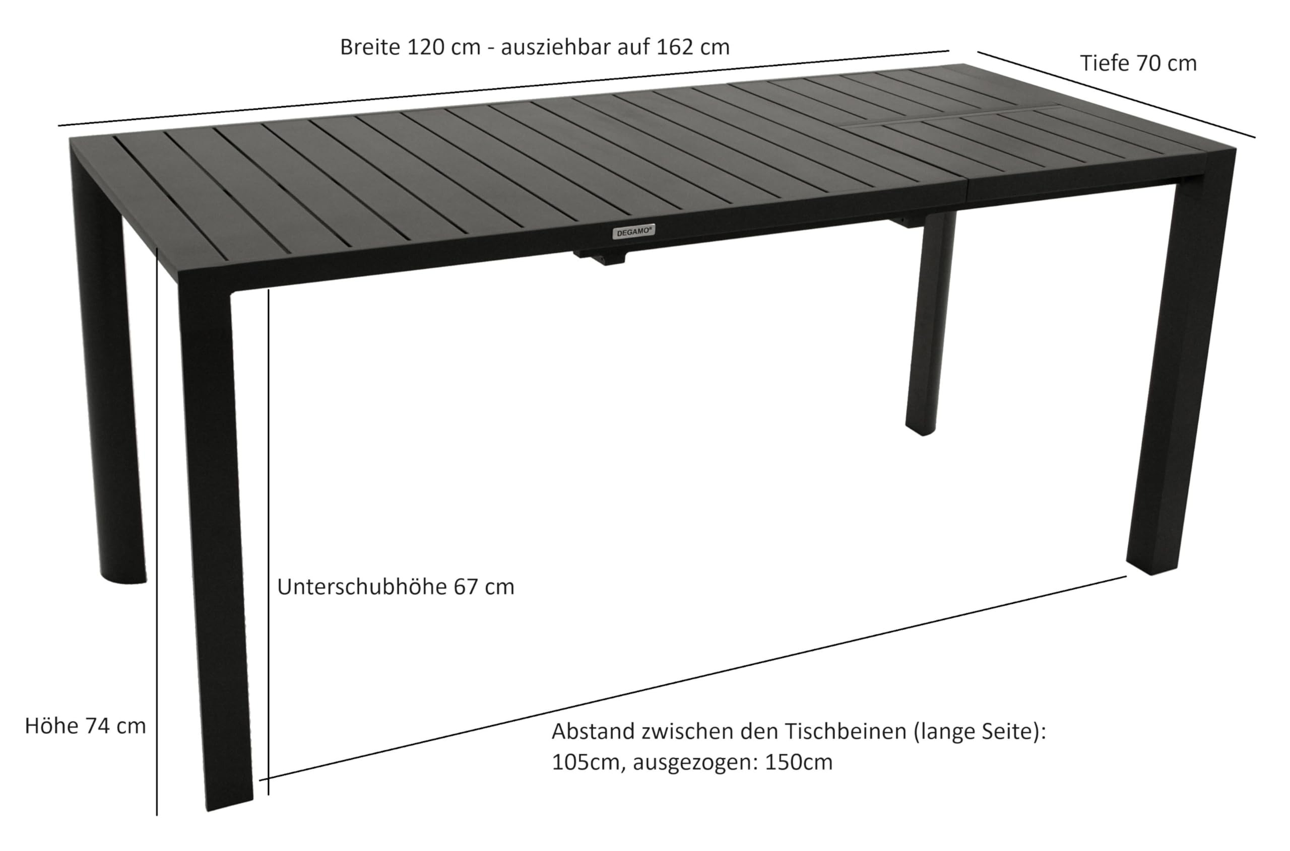 DEGAMO Gartentisch Ausziehtisch Lagos 120/162x70cm, Aluminium anthrazit, Outdoor wetterfest