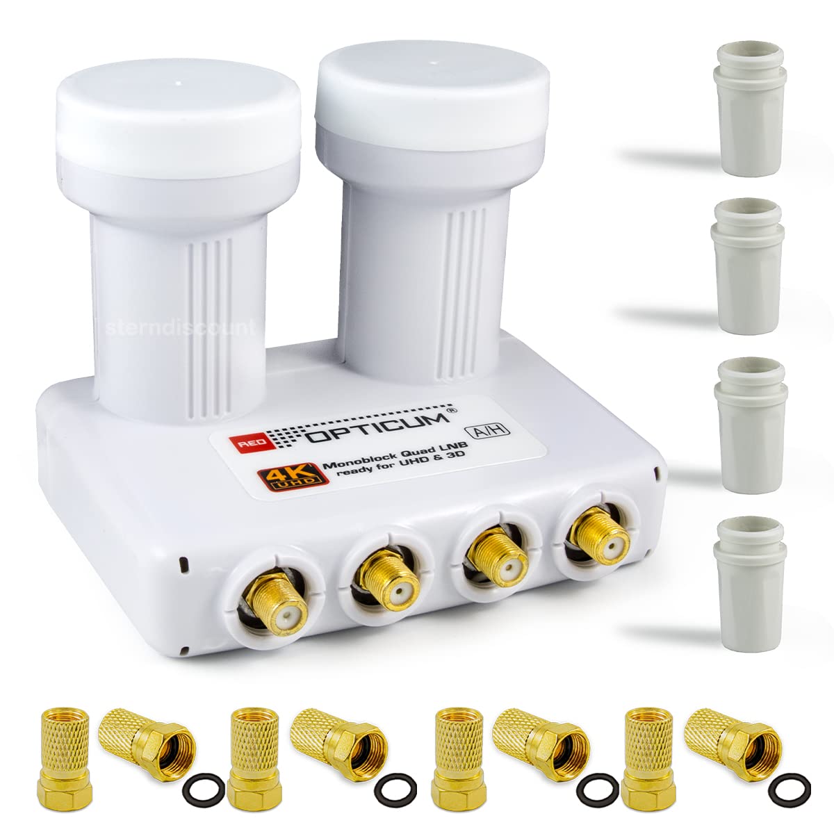 Opticum Monoblock Quad LNB LMQP für 4 Teilnehmer, 2 Satelliten Astra 19.2 + Hotbird 13 Empfang - digital Doppel Sat LMB Kopf Mono-Block 0.1dB Full HD, 4K, 8K, UHD + 8 F-Stecker gratis Sterndiscount