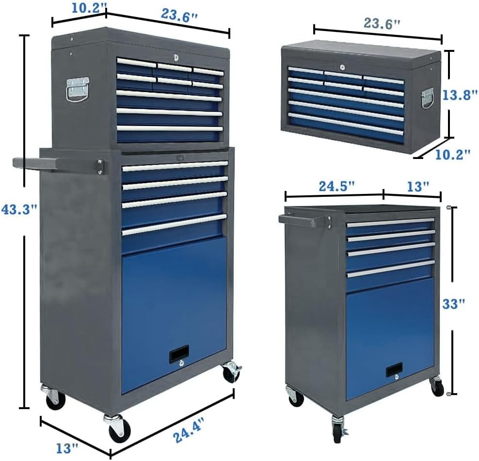 13-Drawer Tool Chest,Rolling Tool box with Wheels,Tool Cabinets with Drawers, Top Detachable ToolBox with Hooks Handles for Workshop Mechanical Garage (blue＆grey)