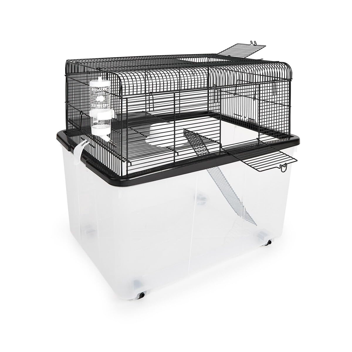 HAPPET VKlatka dla Gryzoni Hammy – 58 × 43 × 57 cm, Przestronna Klatka z Głęboką Kuwetą, Platformą i Drabinką, Kołami, Miseczką i Poidłem, Czarna z Przezroczystą Podstawą