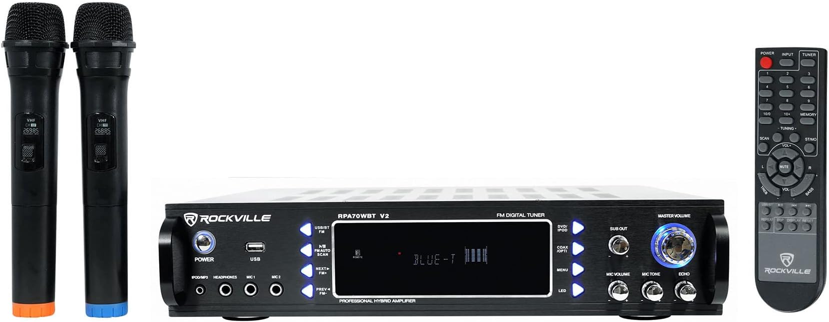 Rockville RPA70WBT V2 1000W 2-Channel USB Bluetooth Karaoke Amplifier/Mixer with (2) Wireless Mics, Optical/Coaxial/RCA Inputs, Echo Control, for Home Karaoke & Parties