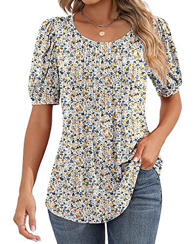 Ficerd Women's Puff Short Sleeve Tunic Tops Pleated Crew