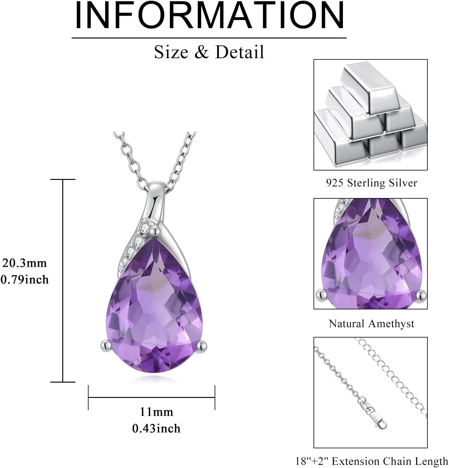 Natural Amethyst Necklace Sterling Silver, Teardrop Purple Amethyst Pendant on 925 Silver Adjustable Chain, Healing Crystal Jewelry Gift for Women - Image 6