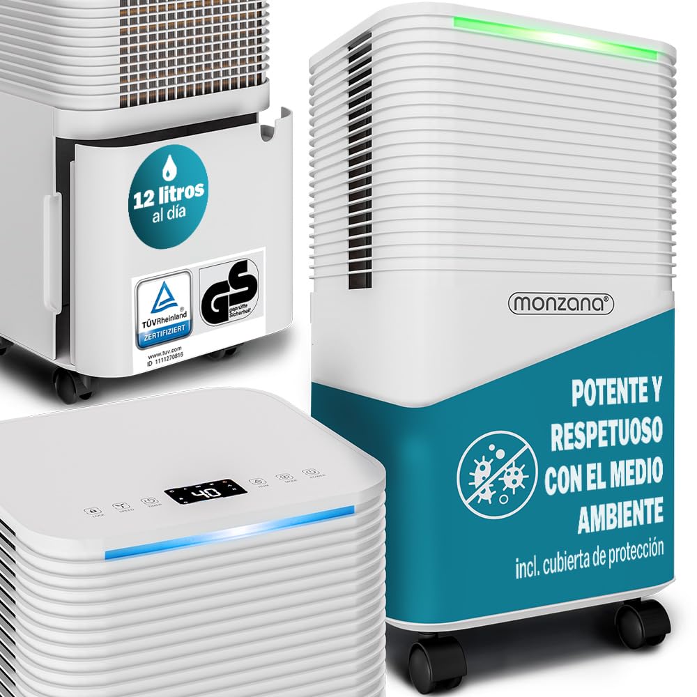 MONZANA® Deshumidificador Eléctrico 12L/día Habitaciones 15–20m² Pantalla LED Purificador Aire Temporizador 24h Ruedas Antihumedad Hogar Oficina