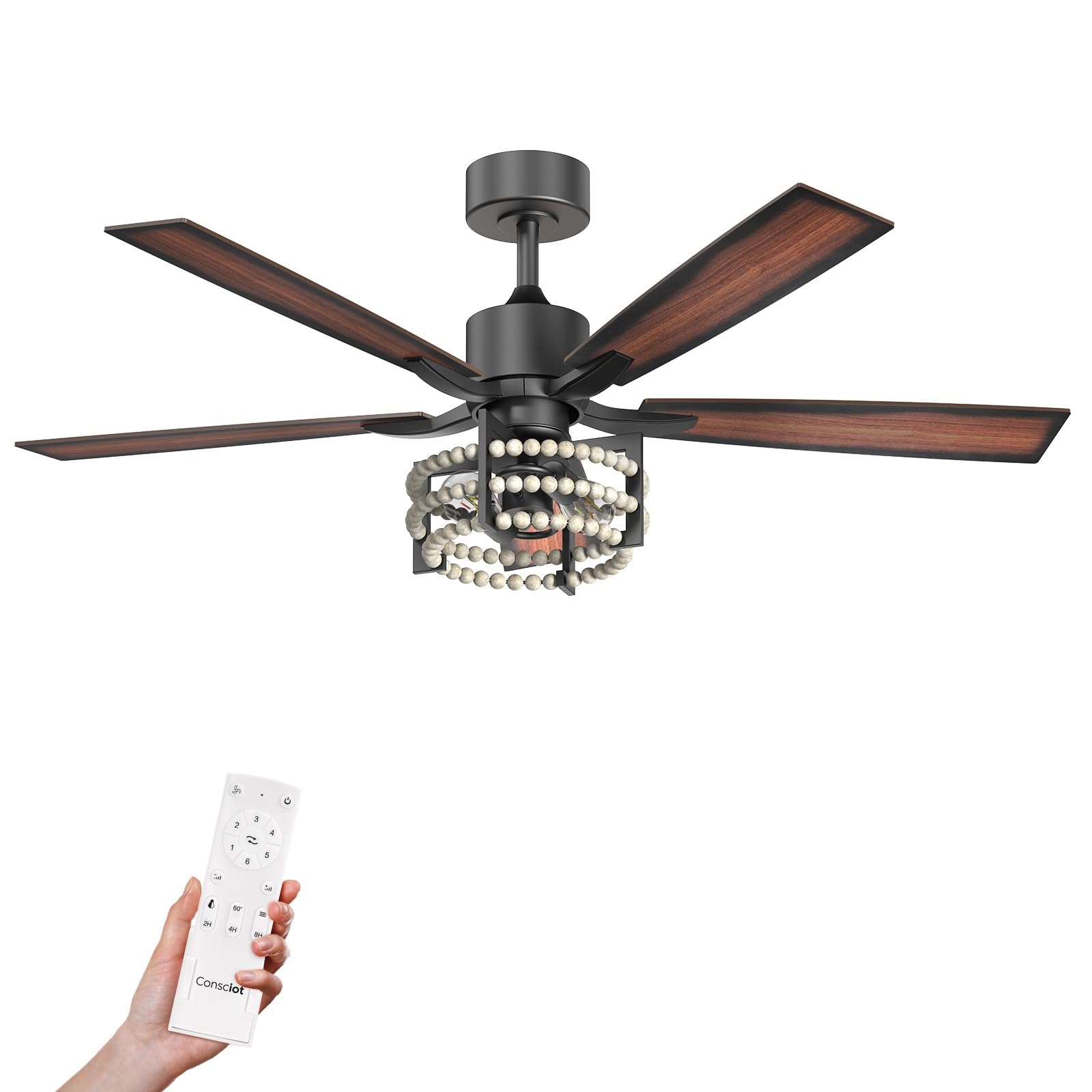 Consciot Ceiling Fan With Lights 52 Inch, Vintage Ceiling Fan With Remote, Boho Wooden Pearls Decor, Quiet Reversible DC Motor, Farmhouse Ceiling Fans With Lights Dimmable, 5 Double Finish Wood Blades